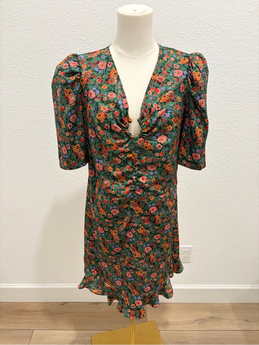 Sandro Paris Green Floral V-Neck Puff Sleeve Dress size medium